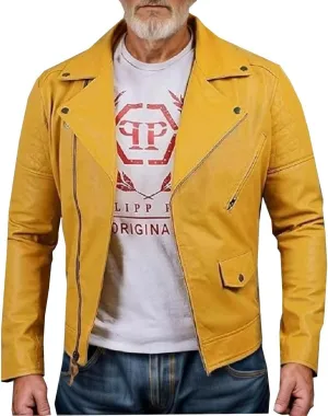 Men Yellow Genuine Lambskin Real Leather Jacket Motorcycle Fashion Coat
