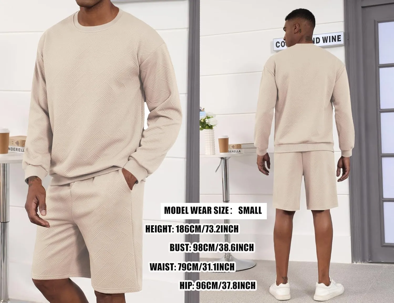 Mens 2 Piece Outfits Crewneck Sweatshirt Geometric Texture Long Sleeve and Joggers Shorts Sweatsuit Sets Tracksuit