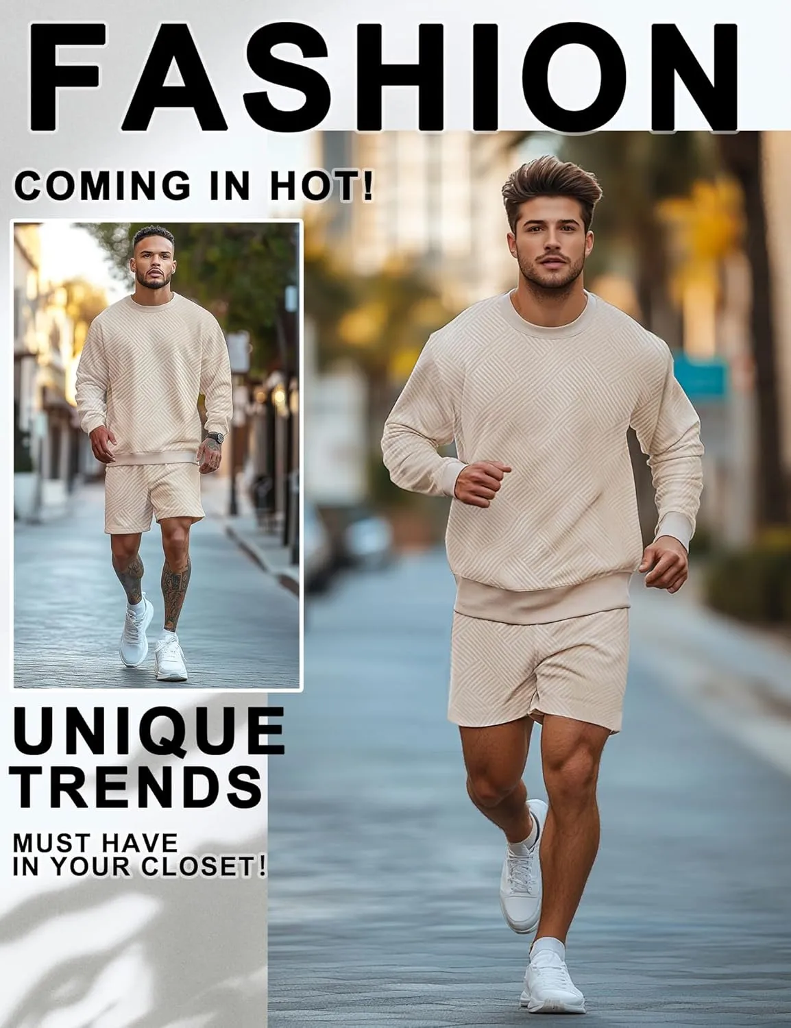 Mens 2 Piece Outfits Crewneck Sweatshirt Geometric Texture Long Sleeve and Joggers Shorts Sweatsuit Sets Tracksuit
