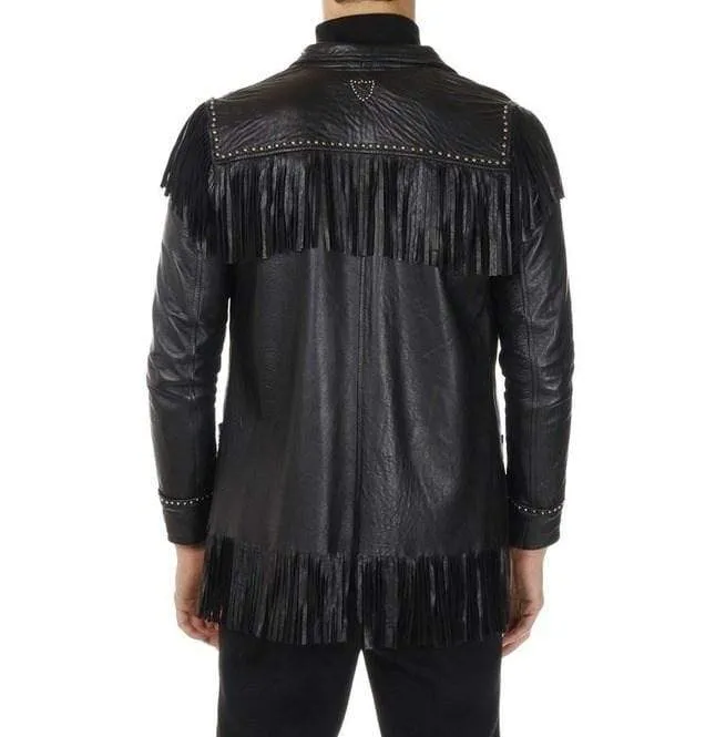 Men’s Black Western Leather Jacket - Fringe & Bead Cowboy Style