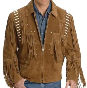Men’s Brown Western Suede Jacket - Fringe Cowboy Style
