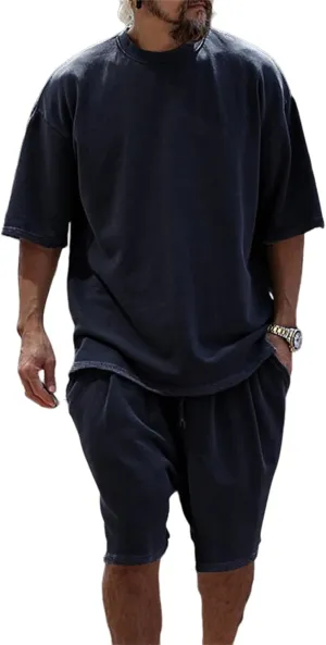 Mens Casual 2 Piece Outfits Short Sleeve Tracksuit Crew Neck T Shirt & Shorts Set Oversize Two Piece Casual Jogging Set