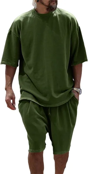 Mens Casual 2 Piece Outfits Short Sleeve Tracksuit Crew Neck T Shirt & Shorts Set Oversize Two Piece Casual Jogging Set
