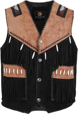 Men's Cowboy Suede Fringed Beaded Vest, Native American Western Style