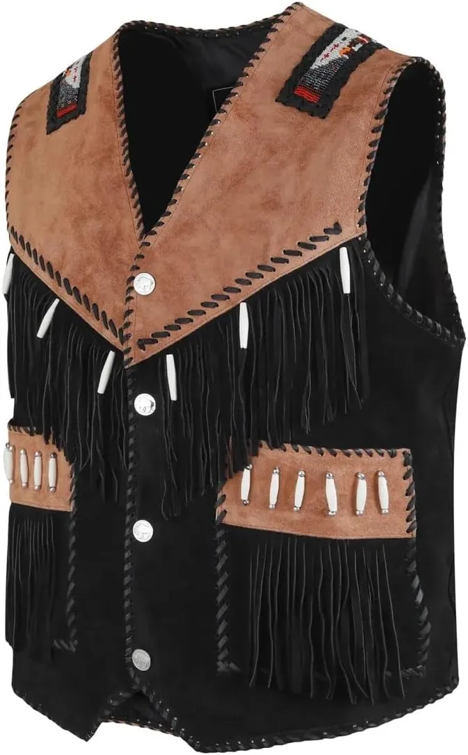 Men's Cowboy Suede Fringed Beaded Vest, Native American Western Style