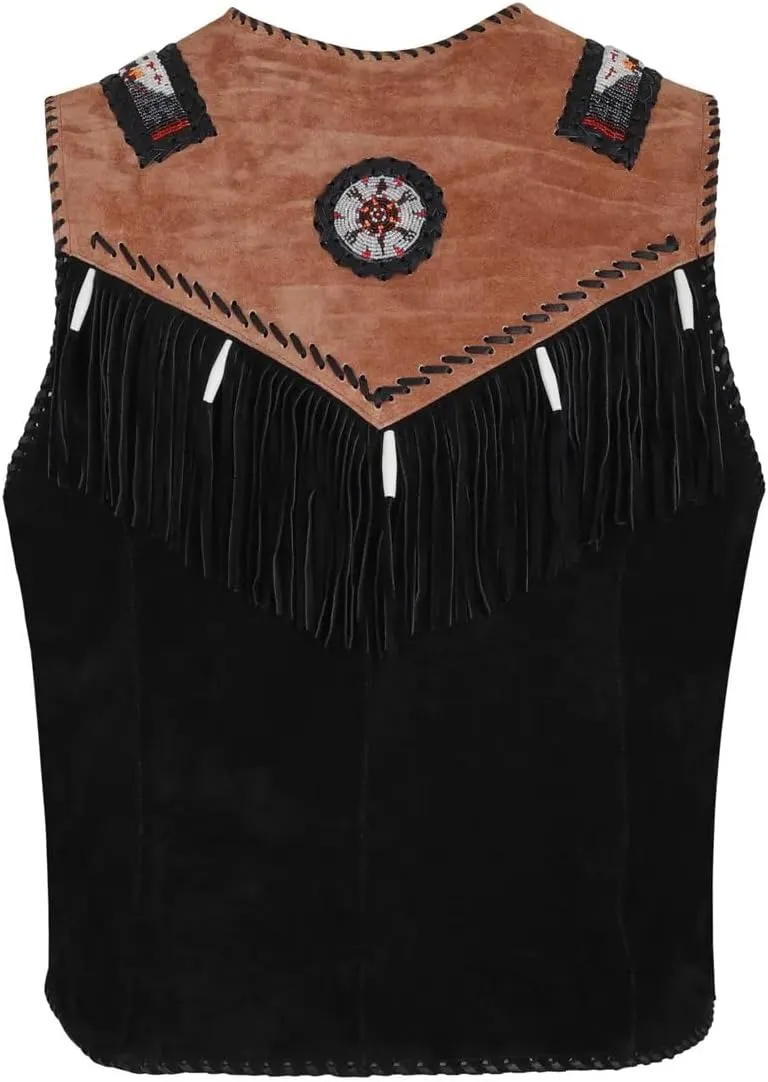 Men's Cowboy Suede Fringed Beaded Vest, Native American Western Style