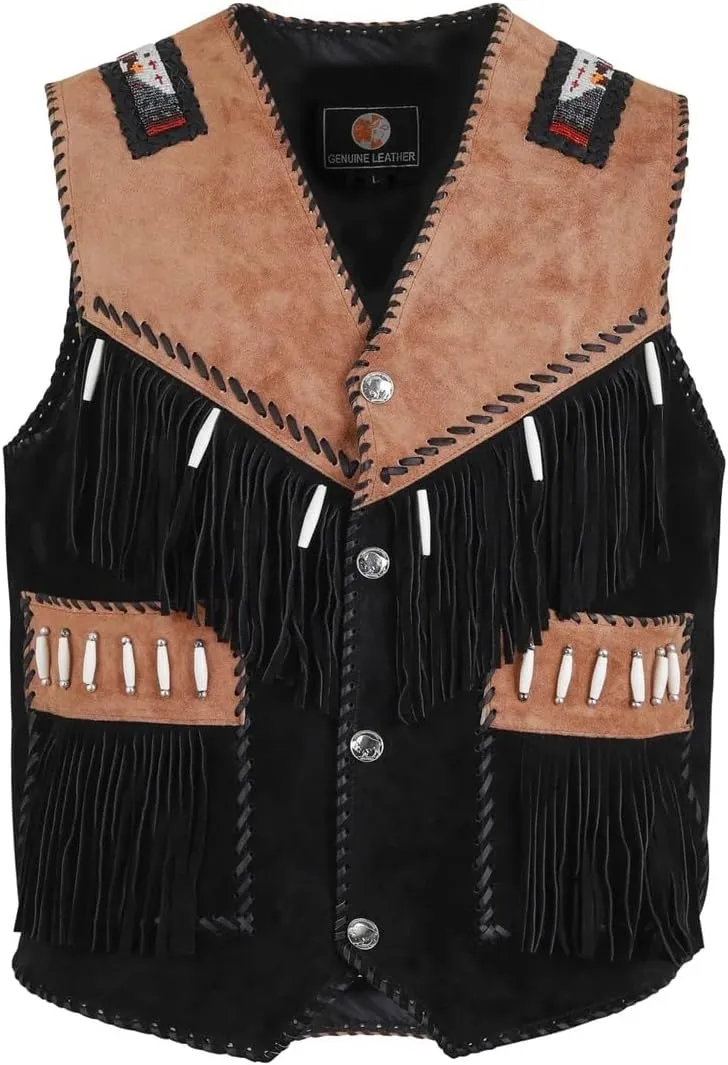 Men's Cowboy Suede Fringed Beaded Vest, Native American Western Style