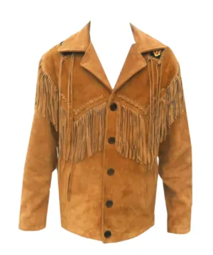 Mens Old Cowboy Brown Buckskin Suede Leather Beaded Fringes Western Jacket WSJ01