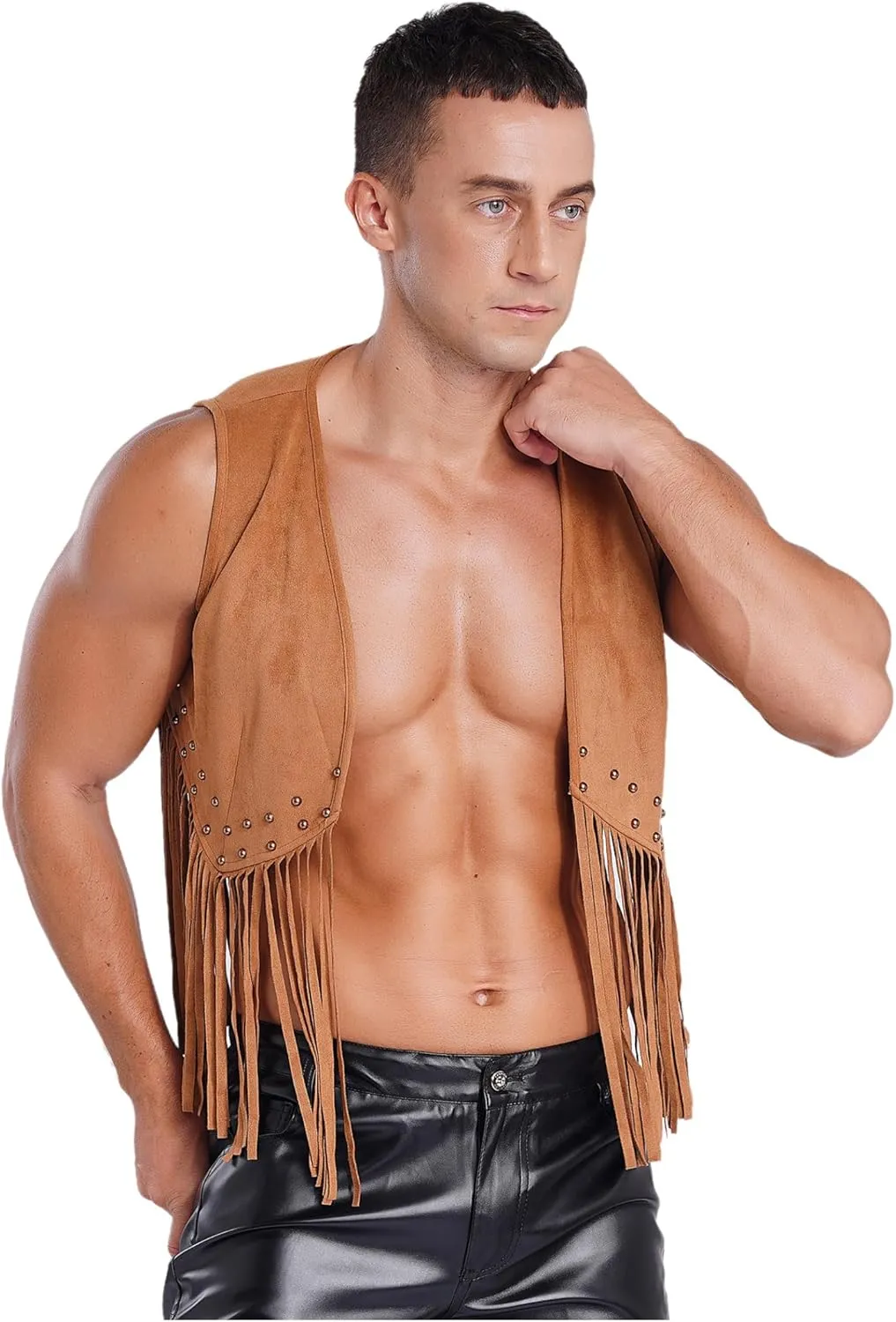 Mens Sleeveless Faux Suede Fringe Jackets Western Cowboy Open Front Vest 70s Hippie Cardigan