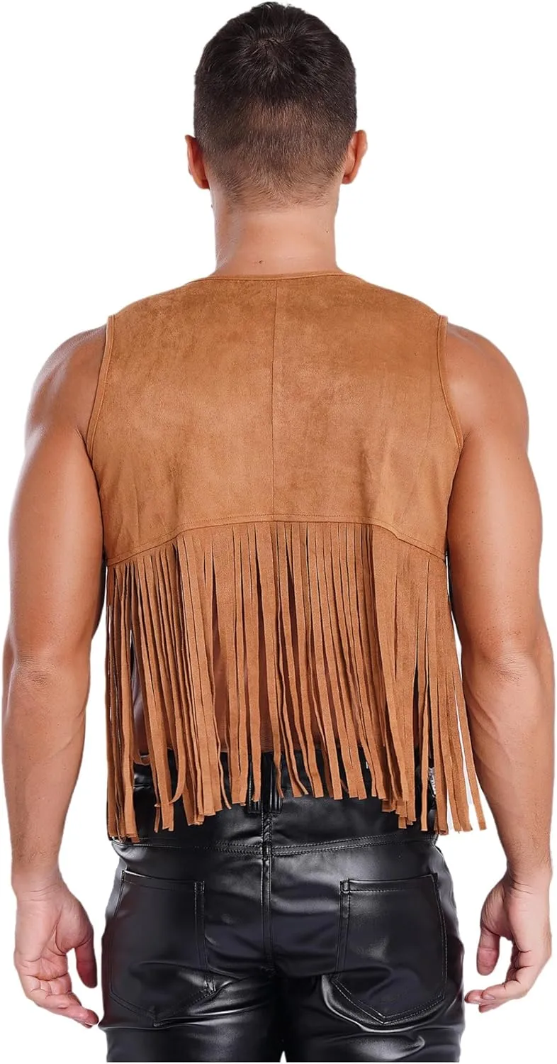 Mens Sleeveless Faux Suede Fringe Jackets Western Cowboy Open Front Vest 70s Hippie Cardigan