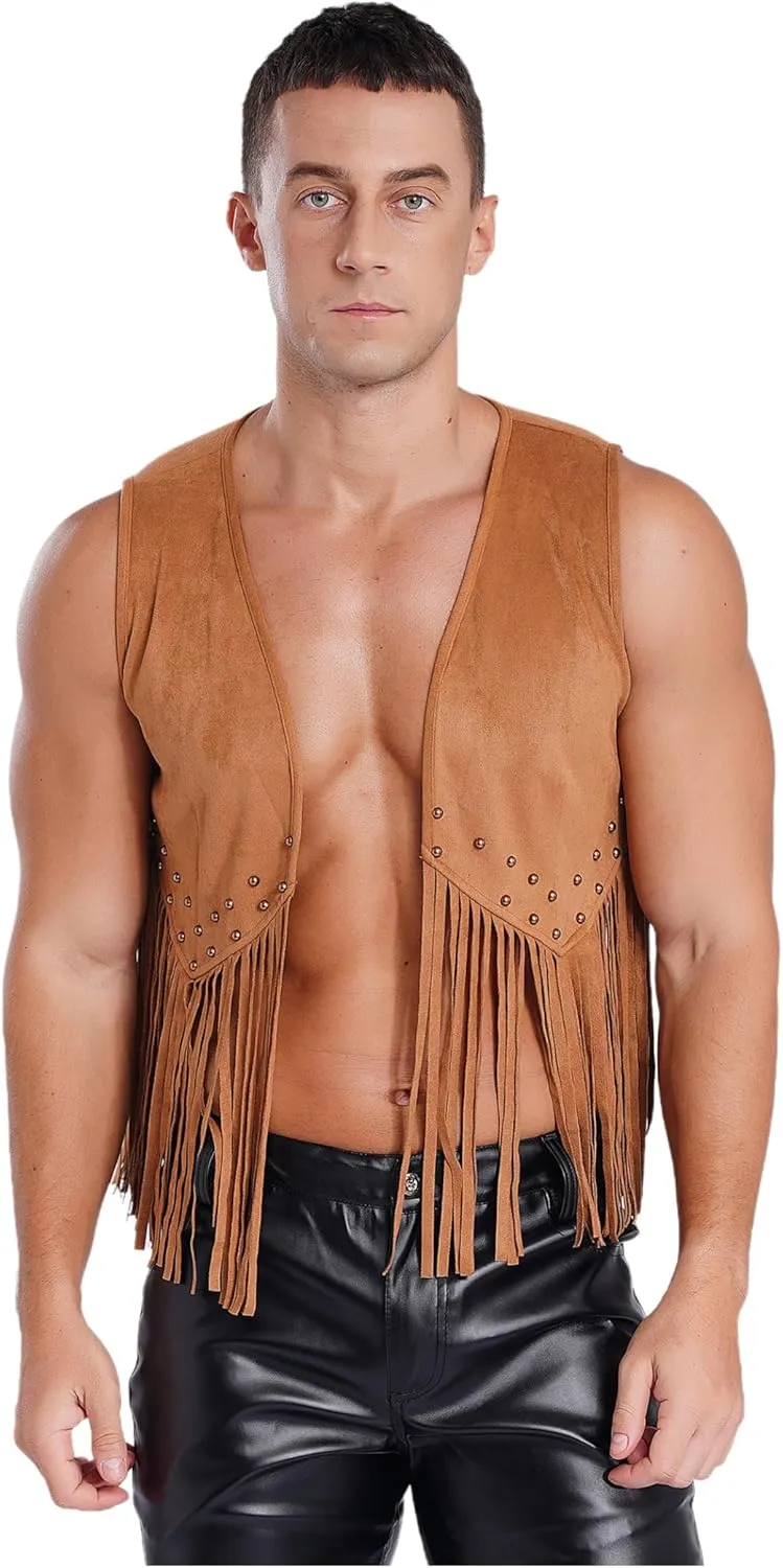 Mens Sleeveless Faux Suede Fringe Jackets Western Cowboy Open Front Vest 70s Hippie Cardigan