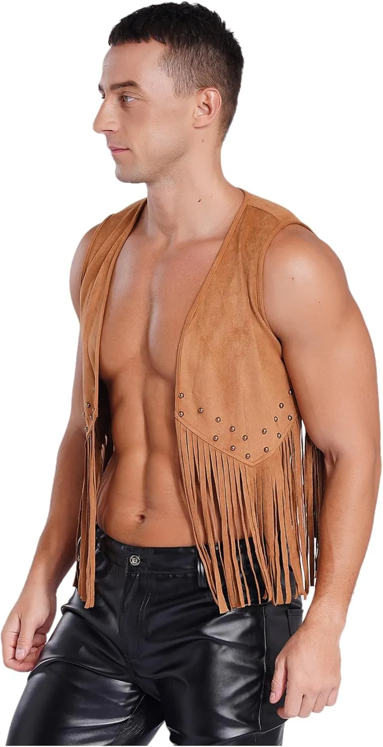 Mens Sleeveless Faux Suede Fringe Jackets Western Cowboy Open Front Vest 70s Hippie Cardigan