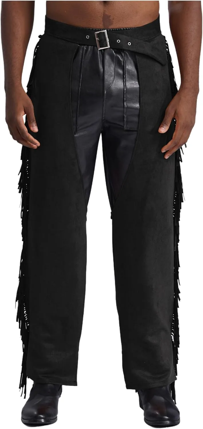 Mens Suede Fringe Cowboy Chaps Tassels Cowboy Western Pants Halloween Costume Outfits