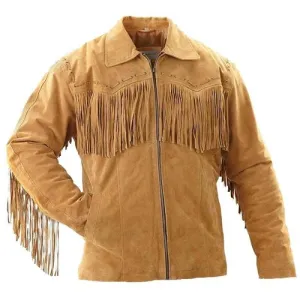 Men's Suede Leather Fringed Jacket with Beadwork