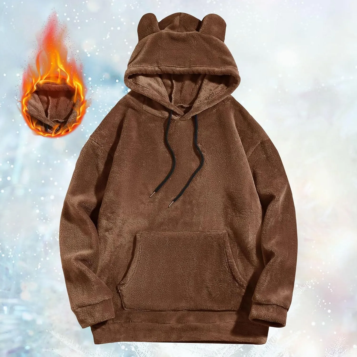 Men's Teddy Bear Ear Hoodies Pullover Oversized Long Sleeve Fuzzy Fleece Hooded Sweatshirts Soft Warm Plush Homewear