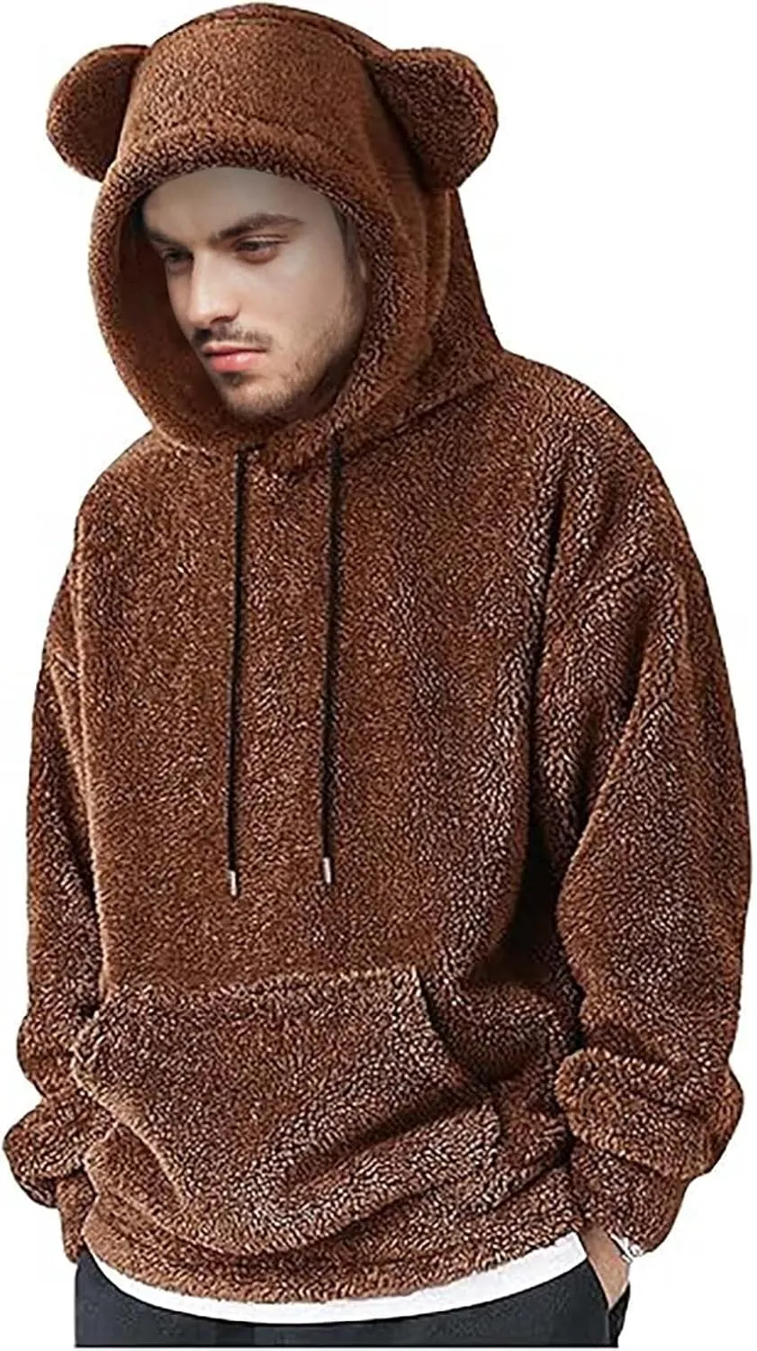 Men's Teddy Bear Ear Hoodies Pullover Oversized Long Sleeve Fuzzy Fleece Hooded Sweatshirts Soft Warm Plush Homewear