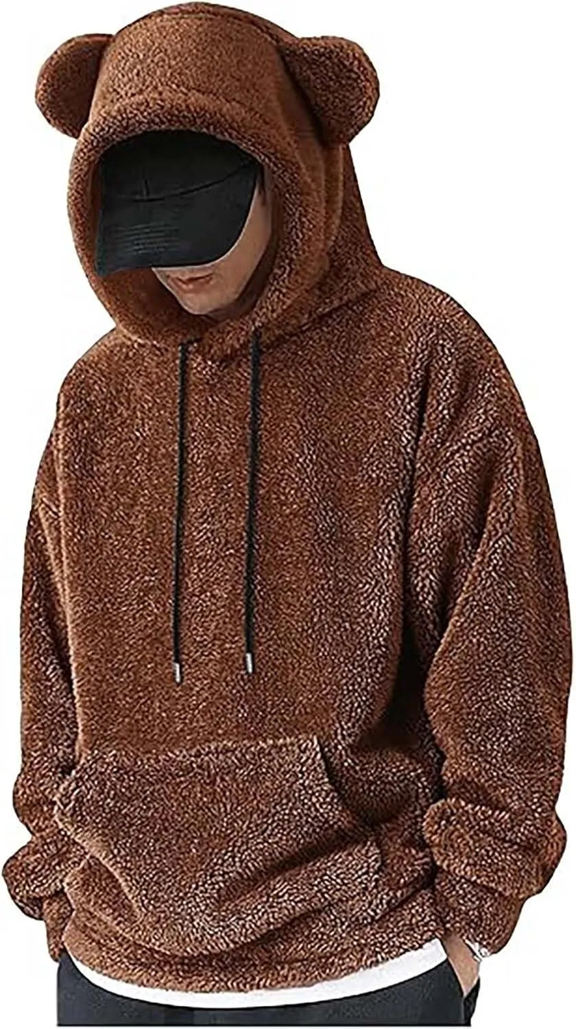 Men's Teddy Bear Ear Hoodies Pullover Oversized Long Sleeve Fuzzy Fleece Hooded Sweatshirts Soft Warm Plush Homewear