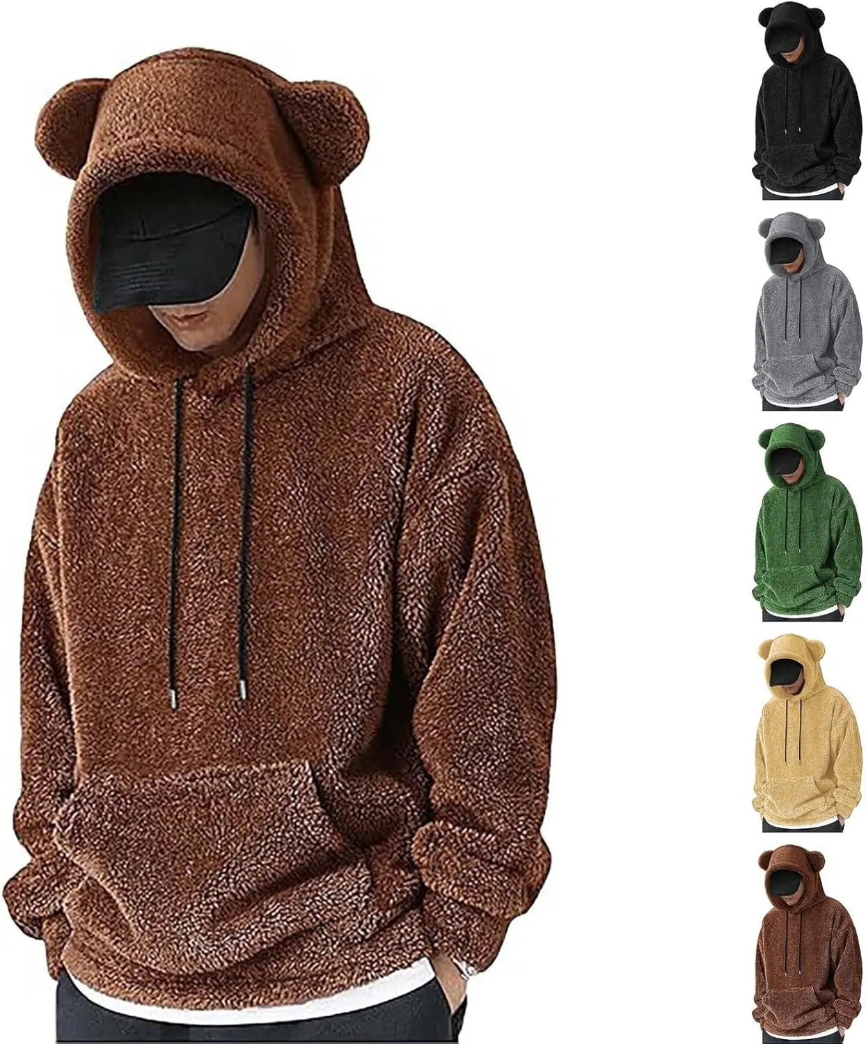 Men's Teddy Bear Ear Hoodies Pullover Oversized Long Sleeve Fuzzy Fleece Hooded Sweatshirts Soft Warm Plush Homewear