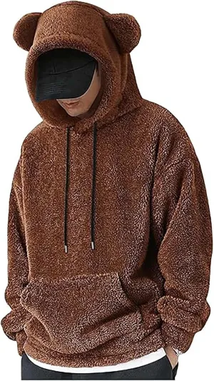 Men's Teddy Bear Ear Hoodies Pullover Oversized Long Sleeve Fuzzy Fleece Hooded Sweatshirts Soft Warm Plush Homewear