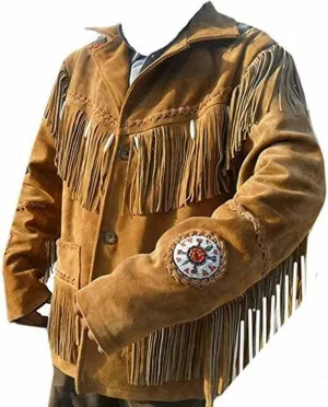 Mens Traditional Buckskin Cowboy Suede Leather Jacket Western Fringe/Beads Native American