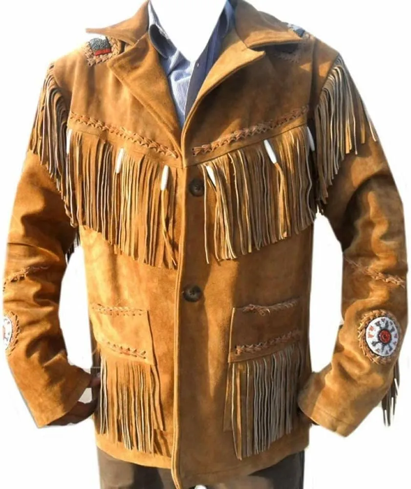 Mens Traditional Buckskin Cowboy Suede Leather Jacket Western Fringe/Beads Native American