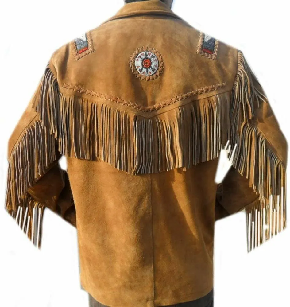 Mens Traditional Buckskin Cowboy Suede Leather Jacket Western Fringe/Beads Native American