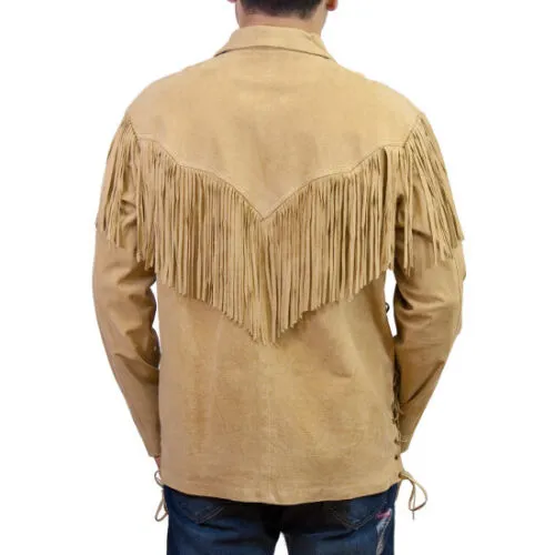 Men's Western Beige Buckskin Suede Leather  Mountain Man Fringe MMS110