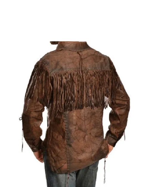 Men's Western Brown Buckskin Hide Mountain Man Fringes Pullover Shirt MMS109