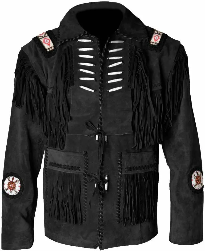 Men's Western Cowboy Leather Jacket with Fringed Native American Suede Beaded Traditional Leather Coat