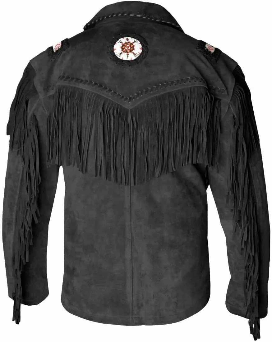 Men's Western Cowboy Leather Jacket with Fringed Native American Suede Beaded Traditional Leather Coat