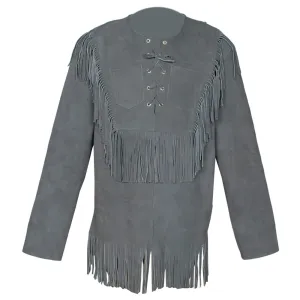Men's Western Grey Buckskin Suede Leather Mountain Man Fringe Shirt MMS111