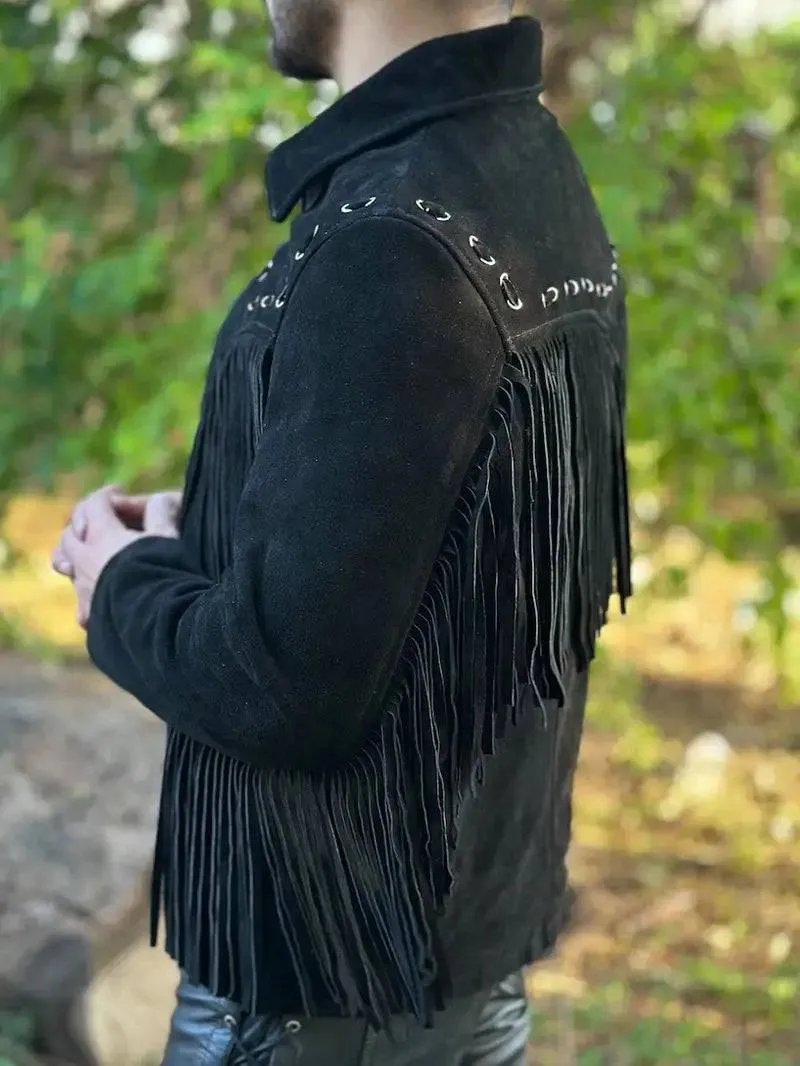Men's Western Style Suede Leather Fringe Jacket