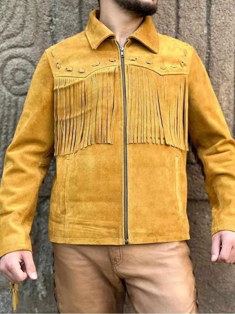 Men's Western Style Suede Leather Fringe Jacket
