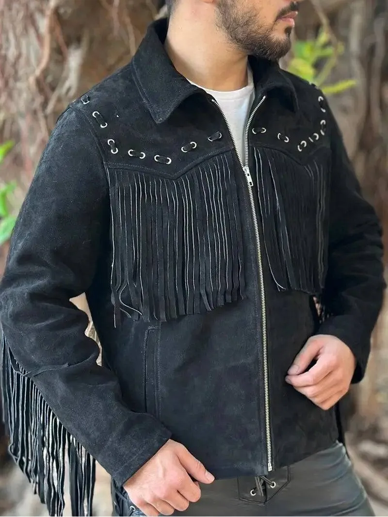 Men's Western Style Suede Leather Fringe Jacket