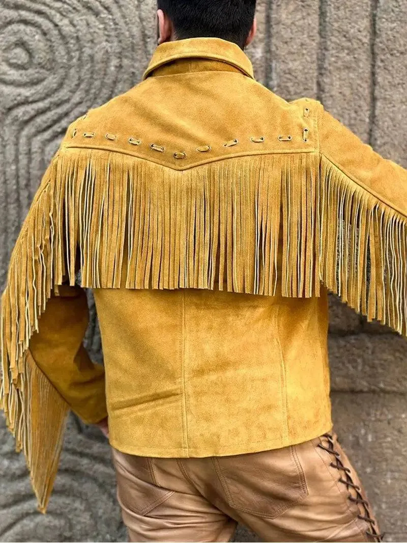Men's Western Style Suede Leather Fringe Jacket