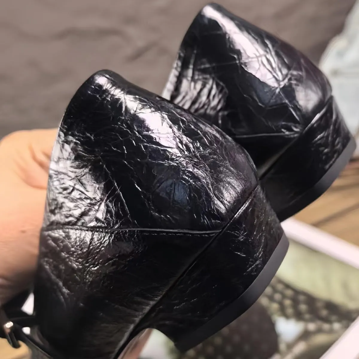Metallic Style Mary Jane Flats for Women with Side Metal Buckle Closed Pointed Toe Genuine Leather Shoes Low Heels and Low-Cut Comfort Casual Dressy Office Work