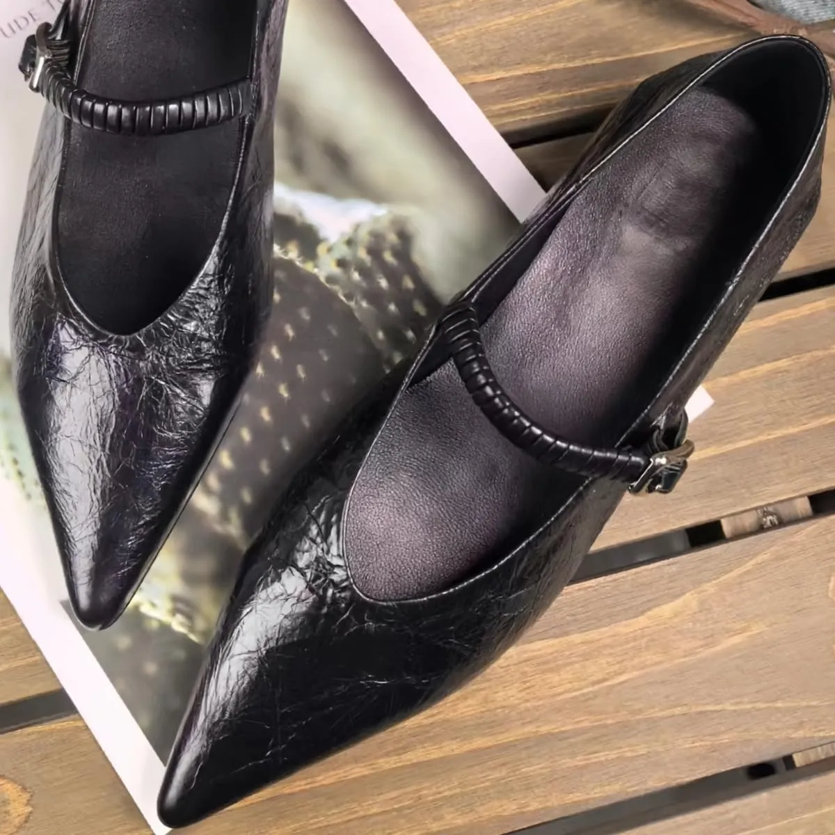 Metallic Style Mary Jane Flats for Women with Side Metal Buckle Closed Pointed Toe Genuine Leather Shoes Low Heels and Low-Cut Comfort Casual Dressy Office Work