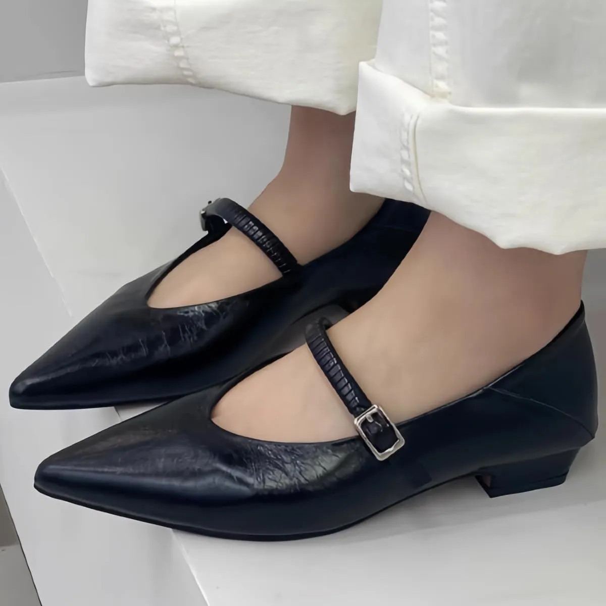 Metallic Style Mary Jane Flats for Women with Side Metal Buckle Closed Pointed Toe Genuine Leather Shoes Low Heels and Low-Cut Comfort Casual Dressy Office Work
