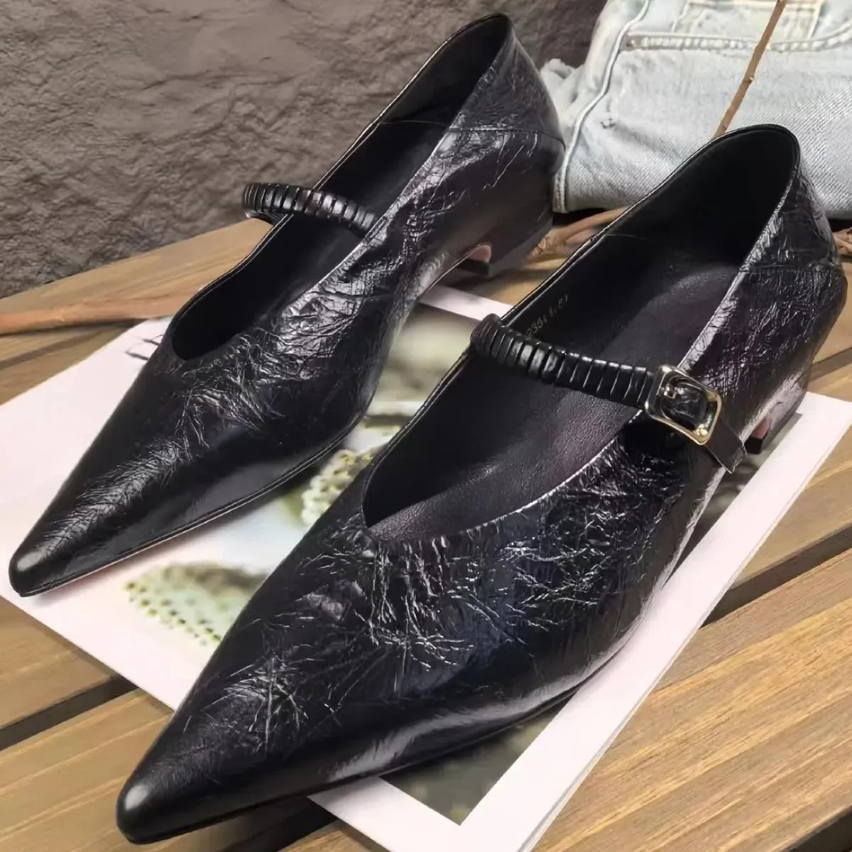 Metallic Style Mary Jane Flats for Women with Side Metal Buckle Closed Pointed Toe Genuine Leather Shoes Low Heels and Low-Cut Comfort Casual Dressy Office Work