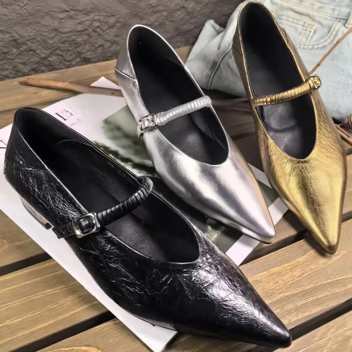 Metallic Style Mary Jane Flats for Women with Side Metal Buckle Closed Pointed Toe Genuine Leather Shoes Low Heels and Low-Cut Comfort Casual Dressy Office Work