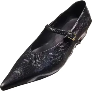 Metallic Style Mary Jane Flats for Women with Side Metal Buckle Closed Pointed Toe Genuine Leather Shoes Low Heels and Low-Cut Comfort Casual Dressy Office Work