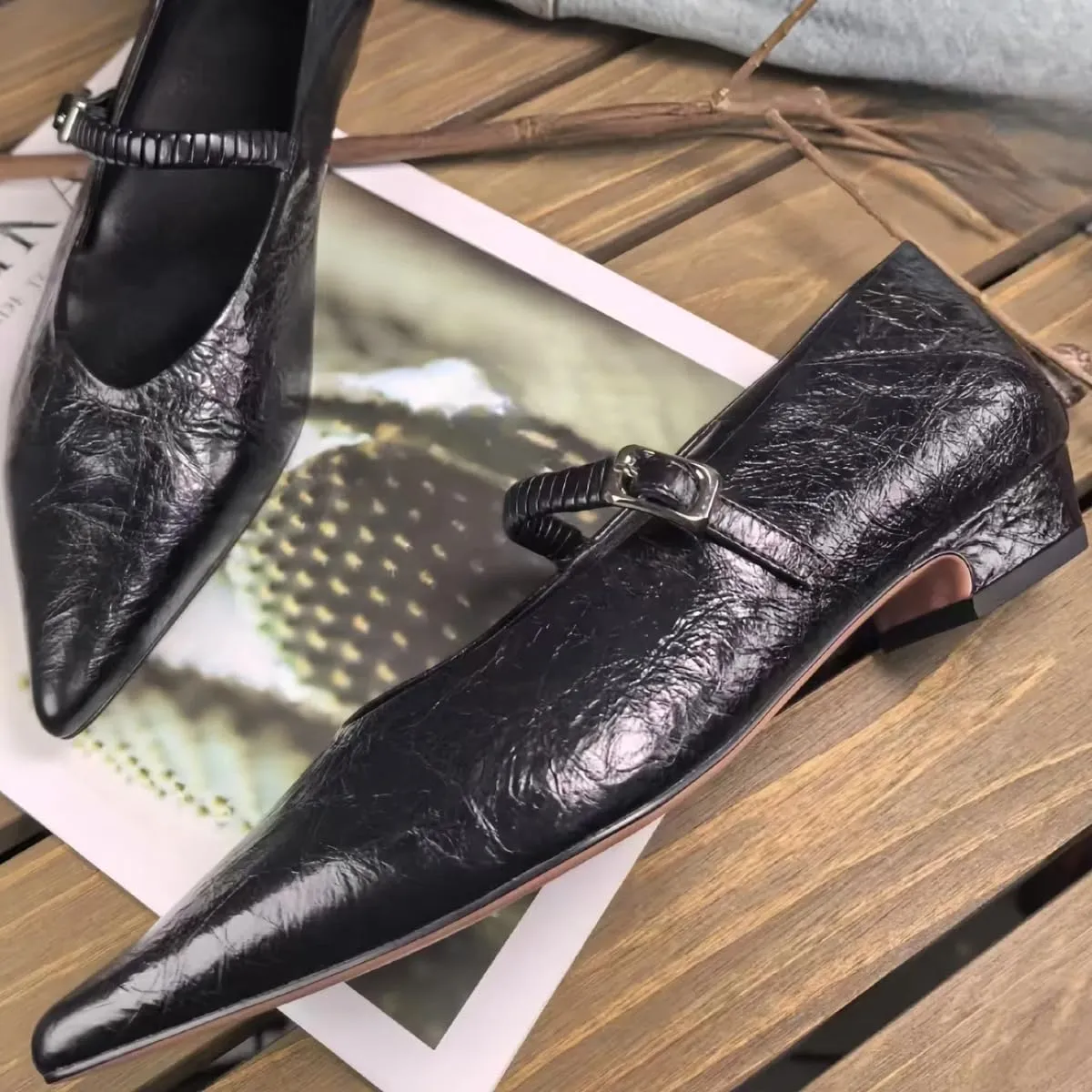 Metallic Style Mary Jane Flats for Women with Side Metal Buckle Closed Pointed Toe Genuine Leather Shoes Low Heels and Low-Cut Comfort Casual Dressy Office Work