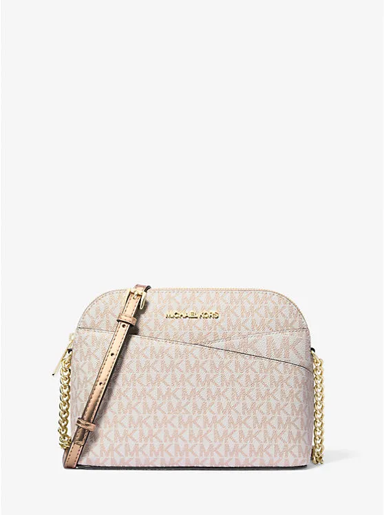 Micheal Kors Jet Set Travel Medium Metallic Signature Logo Dome Crossbody Bag Rose Gold