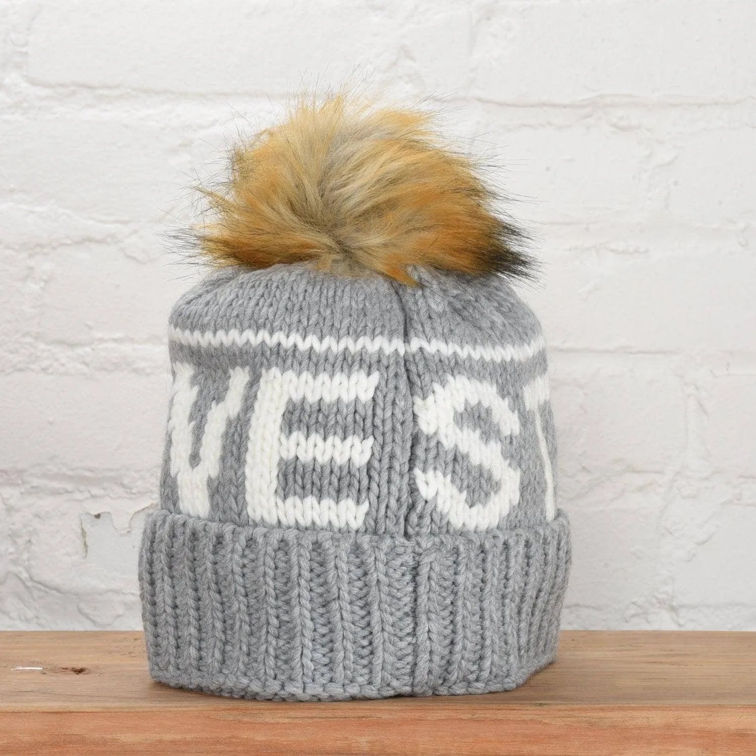 Midwest Beanie Faux Fur Pom: Grey/Ivory