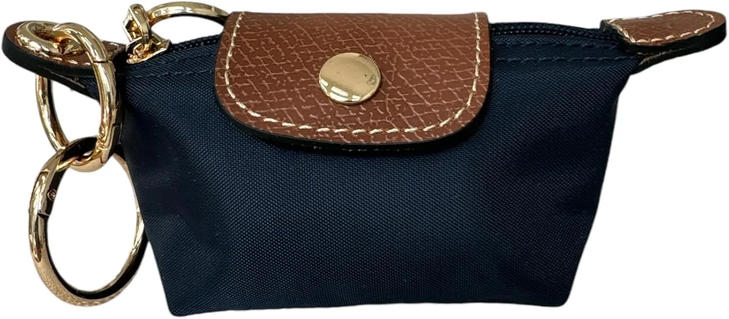 Mini Zipper Pouch Keychain | Coin Purse | Pouch for Essentials | Functional | Keychain | Bag Charm | Card Holder | Cash Pouch | Genuine Leather and Nylon (Navy Blue)