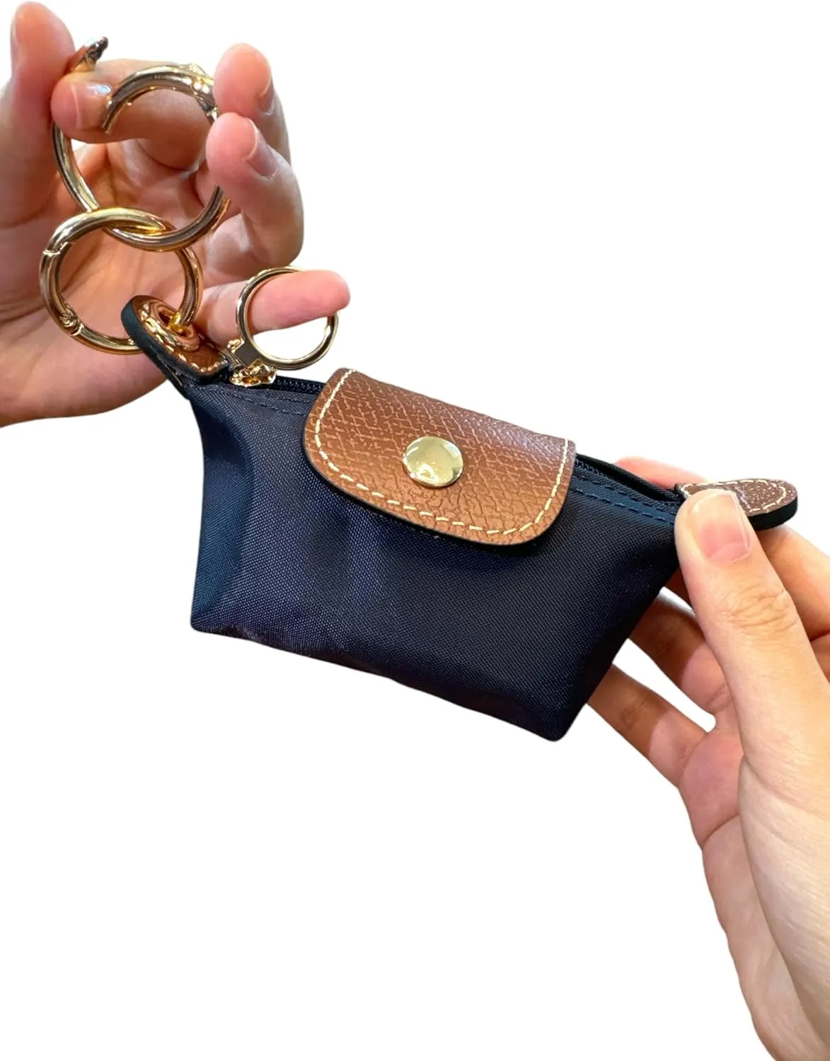 Mini Zipper Pouch Keychain | Coin Purse | Pouch for Essentials | Functional | Keychain | Bag Charm | Card Holder | Cash Pouch | Genuine Leather and Nylon (Navy Blue)