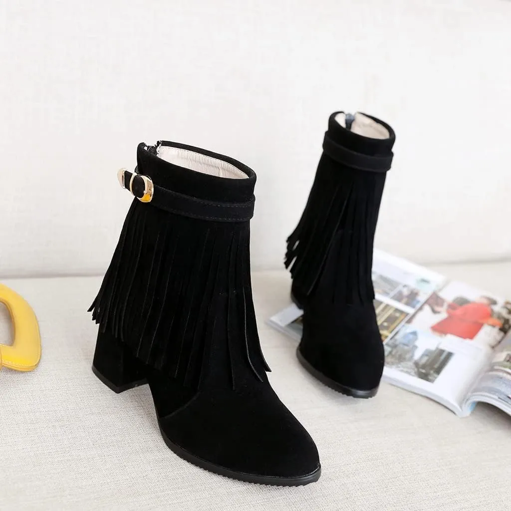 MIOKE Women's Fringed Tassel Dress Ankle Boots Round Toe Buckle Zipper Chunky Block High Heel Short Booties