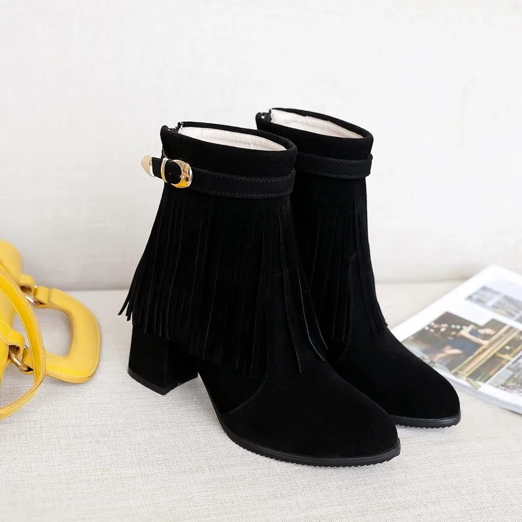 MIOKE Women's Fringed Tassel Dress Ankle Boots Round Toe Buckle Zipper Chunky Block High Heel Short Booties