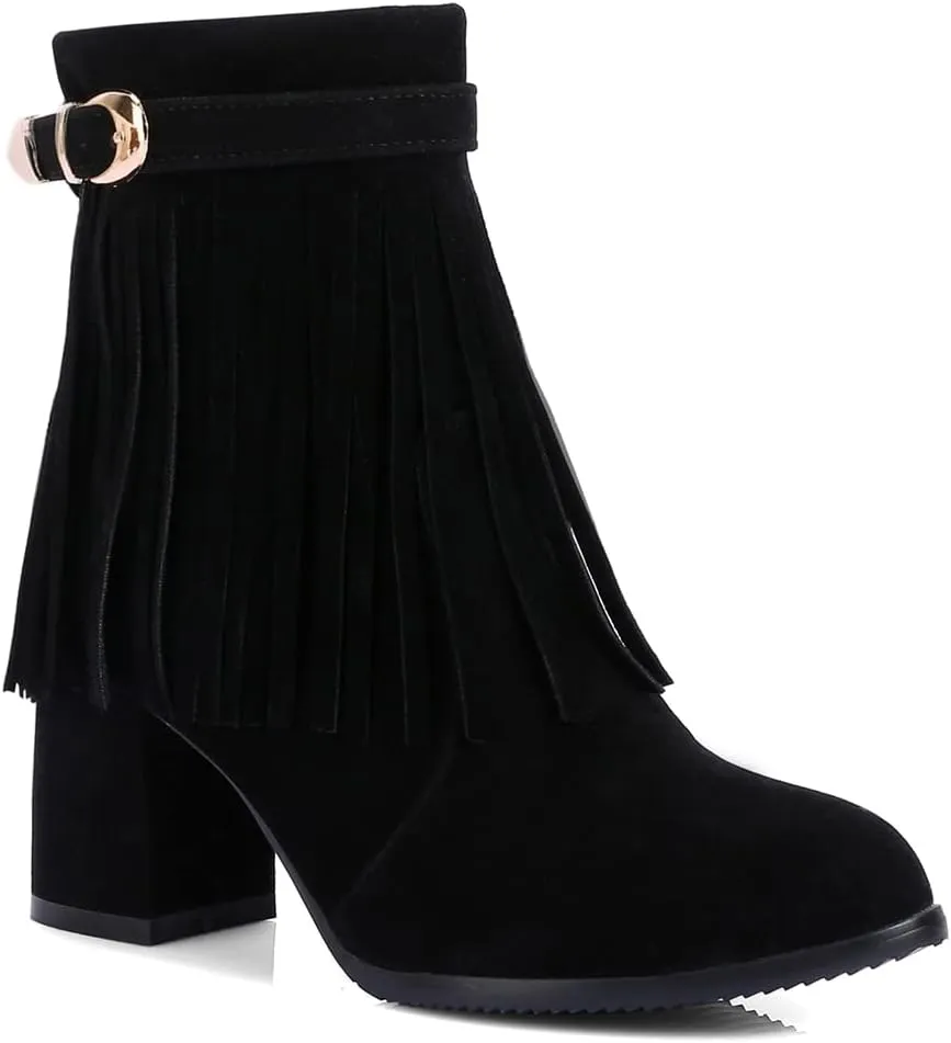 MIOKE Women's Fringed Tassel Dress Ankle Boots Round Toe Buckle Zipper Chunky Block High Heel Short Booties