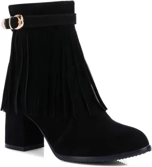MIOKE Women's Fringed Tassel Dress Ankle Boots Round Toe Buckle Zipper Chunky Block High Heel Short Booties